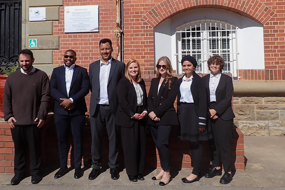 The LRC and SECTION 27 legal teams outside the Makhanda High Court on Wednesday, 19 August. From left to right: Daniel Linde (LRC), Adv. Tshidisa Ramogale (SECTION 27), Cecile van Schalkwyk (LRC), Claire Rankin (LRC), Zeenat Sujee (SECTION27), Nicola Soekoe (SECTION27). Photo: Gcina Ntsaluba